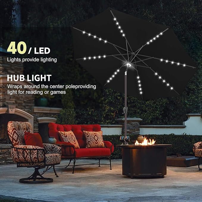 11ft Solar Umbrella Outdoor - Lighted Solar Patio Umbrella with 40 LED Lights Waterproof UV Protection, Table Umbrella with Tilt for Pool, Porch, Garden, Deck, Backyard - Black