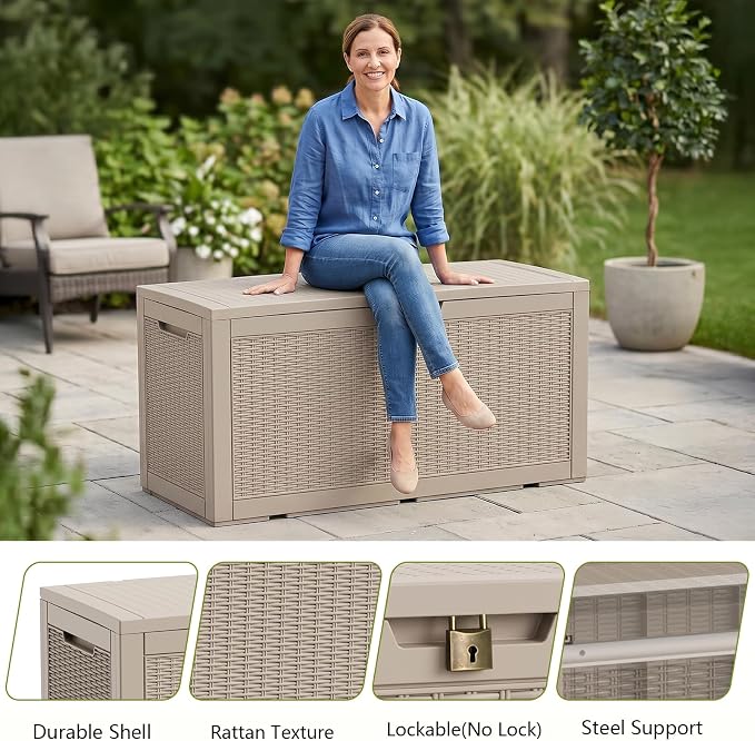 Waterproof Outdoor Storage Box Outside Deck Box Lockable Resin Bench UV Resistant Furniture Cushion Pool Tool Float Bin Patio Garden Porch (Grey, 120 Gallon)