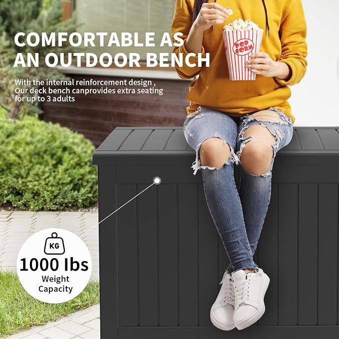 230 Gallon Deck Box, Waterproof Resin Large Outdoor Storage Box, Lockable Patio Storage for Furniture Cushions, Gardening Tools, Pool Supplies, Black, 57.5"x31.9"x33.9"