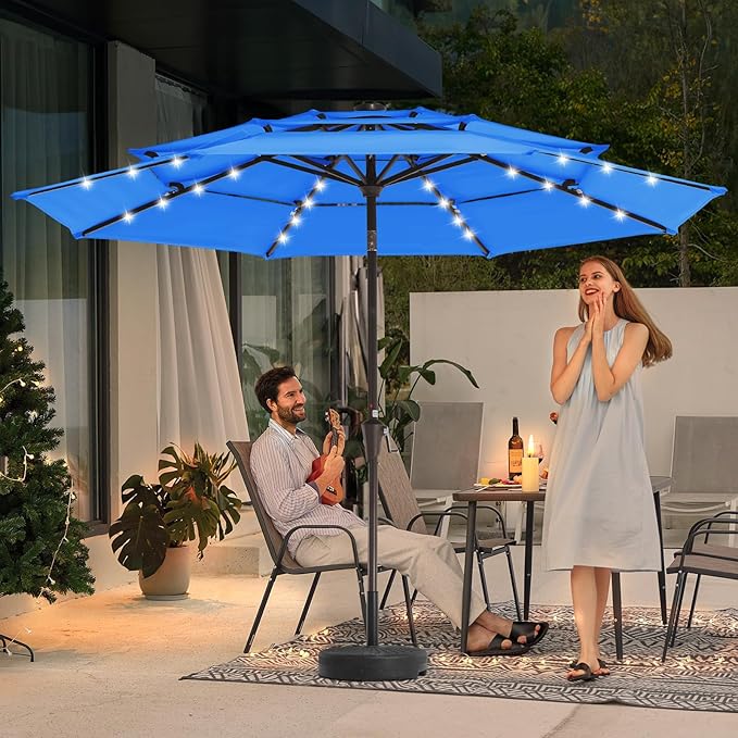 JEAREY 3 Tiers Patio Umbrella with Solar Lights 9ft Outdoor Market Table Umbrellas with Push Button Tilt for Outside Pool Garden, Royal Blue