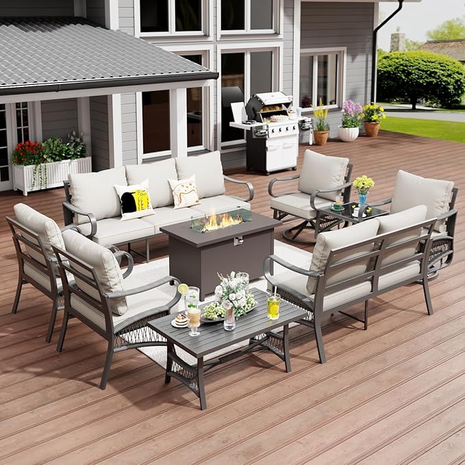 9 Piece Patio Furniture Set with 50000 BTU Propane Fire Pit Table, All Weather Outdoor Conversation Set with 2 Swivel Chairs, Sofa and Thick Cushions for Garden, Porch, Lawn, Beige