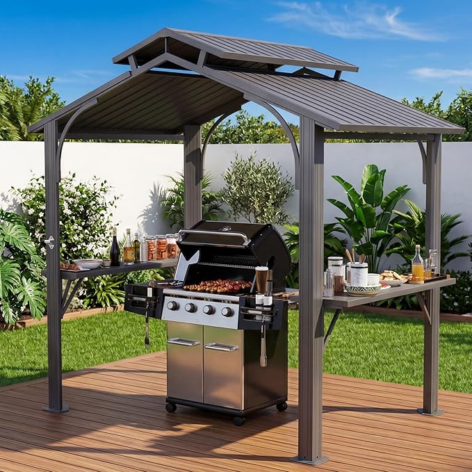 Domi 8x5FT Hardtop Grill Gazebo, Grill Canopy for Outdoor Grill w/Double Galvanized Steel Roof, 2 Side Shelves and Ceiling Hooks, Grill Tent BBQ Gazebo for Patio Garden Backyard, Grey, Gray