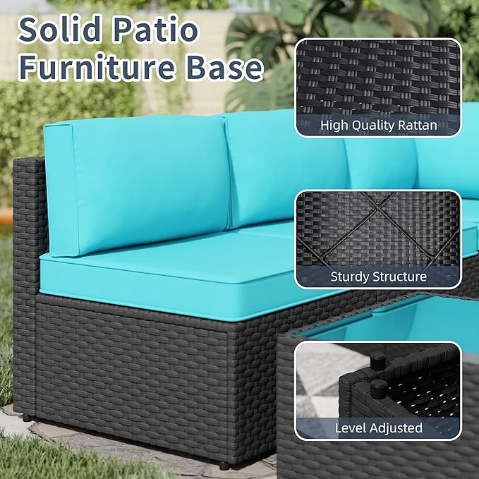 SUNLEI Outdoor Patio Furniture Set 5 Pcs, Rattan Balcony Furniture with Backrest Glass Table & Washable Cushions Small Conversation Patio Set with Sectional Design (Black/Blue)