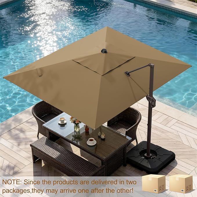 9' X 12' Cantilever Patio Umbrella Rectangle Outdoor Umbrella with Base Included, 6-Level Tilt & 360° Rotation Offset Umbrella for Garden, Deck, Pool (Brown)