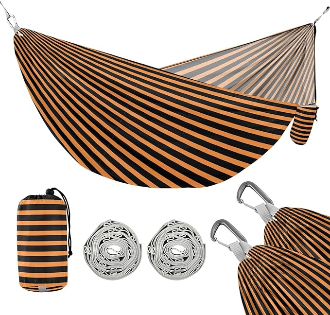 Camping Hammock Outdoor Hammocks for Outside Orange Black Stripe Beach Trees Portable Lightweight with Pockets Tree Straps Indoor