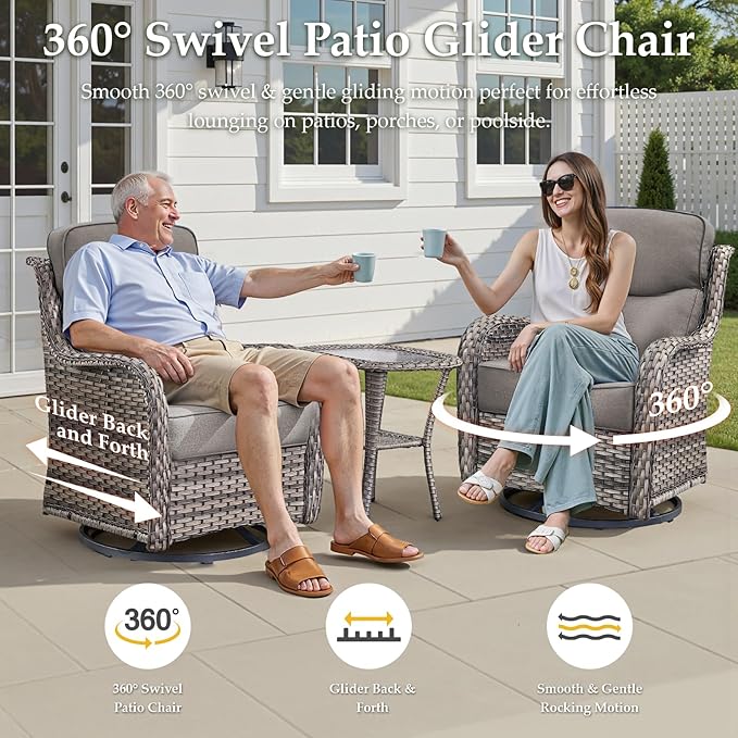 Luxury 8 Pieces Outdoor Patio Furniture Set-All Weather Wicker Swivel Rocker Patio Chairs with 6" Thick Cushion Rattan Sofa Coffee Table, Outdoor Conversation for Garden Porch Backyard(Grey/Grey)