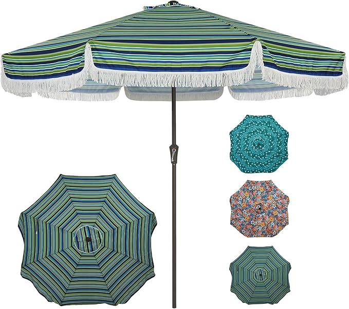 Garvee 10FT Fringe Patio Umbrella with Crank Handle, Push Button Tilt for Sun Shade, 8 Fiberglass Ribs,1.5"D Premium Steel Pole, Outdoor Large Tassel Umbrella for Patio Beach Pool Backyard,10' Stripe