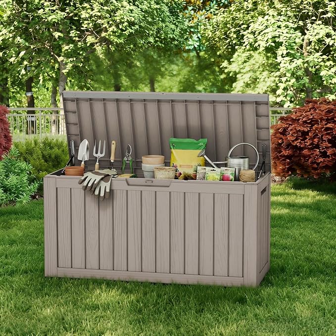 85 Gallon Outdoor Deck Box, Resin Waterproof Storage Box With Lockable Lid, UV-Resistant Multi-Purpose Outdoor Storage Bench for Patio Cushions, Garden Tools, Pool Accessories (Grey)