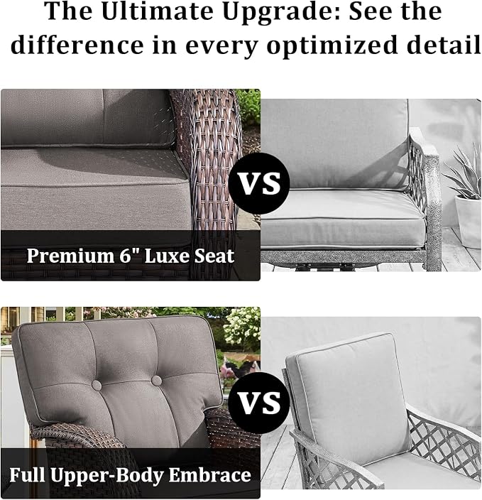 Patio Furniture Set, 5PCS Outdoor Wicker Conversation Set, High Back Rattan Sofa & Swivel Rocker Chairs, Weather Resistant Olefin Fabric for Garden, Poolside Brown/Grey
