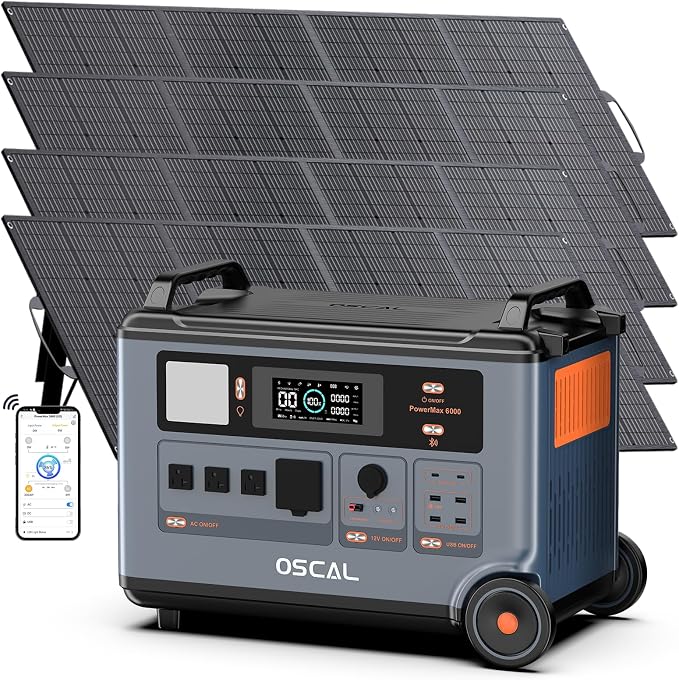 Powermax 6000W(9000W Peak) Portable Solar Power Station, 3600Wh LiFePO4 Battery with 4x200W Solar Panels, 1.6H Fast 2400W Solar Charging Generator for Camping, RV, Home Backup, Emergency