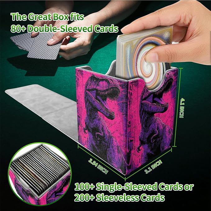 Pink Dinosaur Card Deck Box for MTG, Personalized Card Storage Case Fits 120+ Sleeved Cards, Premium Leather TCG Box with Strong Magnetic Closure for Magic, CCG, PTCG, Baseball Cards