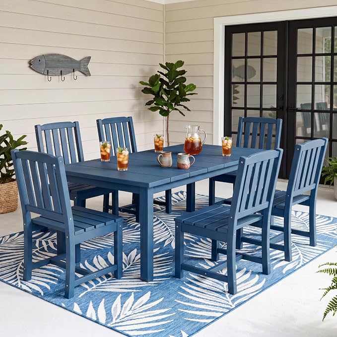 Perli™ 7-Piece Outdoor Dining Set, All-Weather HDPE Patio Table and 6 Chairs with Umbrella Hole, UV-Resistant Composite Wood Dining Furniture for Deck, Backyard, Poolside, Blue