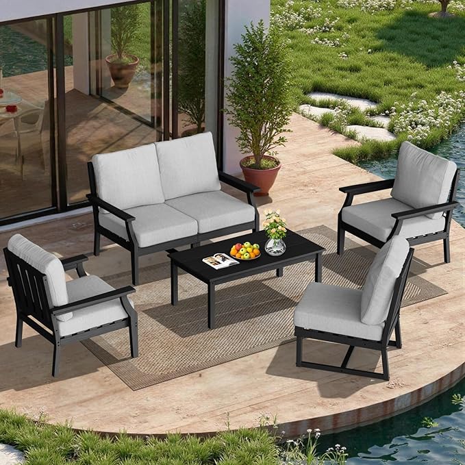 HDPE Patio Conversation Set, 6-Piece All Weather Outdoor Furniture Set with 2 Single Armchairs for Deck, Lawn, with Cushion, Black