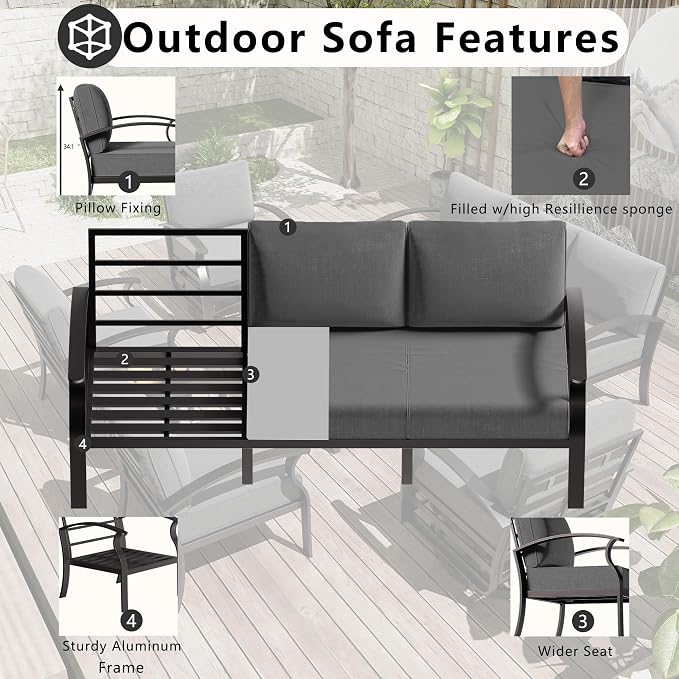 Patio Furniture Set 10 Seats Aluminum Armrest Sofa, Modern Outdoor Living Room Set with 55000 BTU Propane Aluminum Fireplace, Outdoor Rotary Joystick with Thick Cushion - Grey