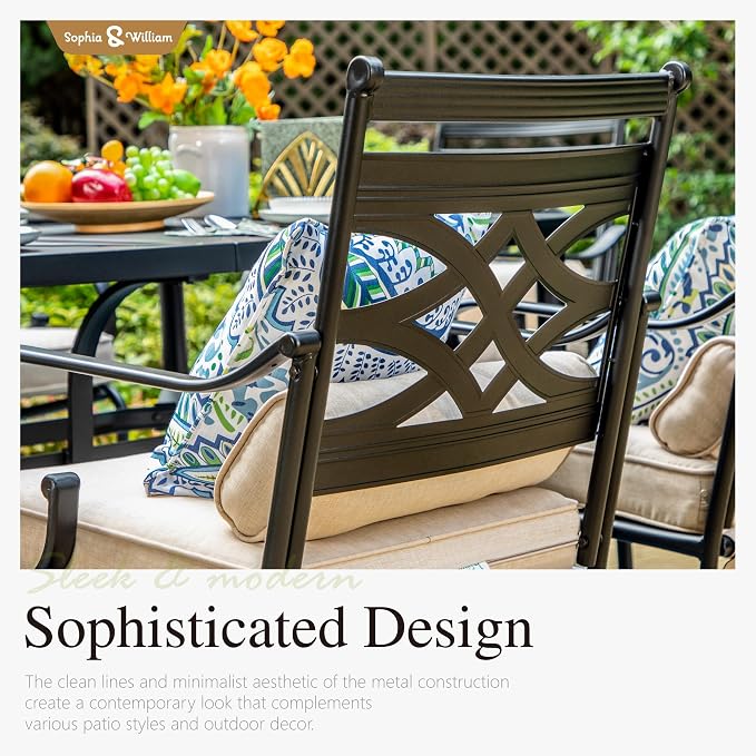 Sophia & William Patio Dining Set, Steel, 10ft Umbrella Beige | Swivel Chairs, E-Coated, Cushions Included, For Patio, Garden and Yard