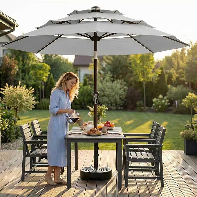 10ft 3-Tier Patio Umbrella with 32 Solar Powered LED Lights, Windproof Outdoor Market Umbrella for Deck, Poolside & Garden, Sturdy Push-Button Tilt Table Umbrella, Light Gray