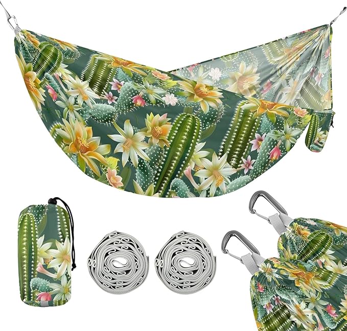 Camping Hammock Outdoor Hammocks for Outside Green Cactus Flowers Beach Trees Portable Lightweight with Pockets Tree Straps Indoor