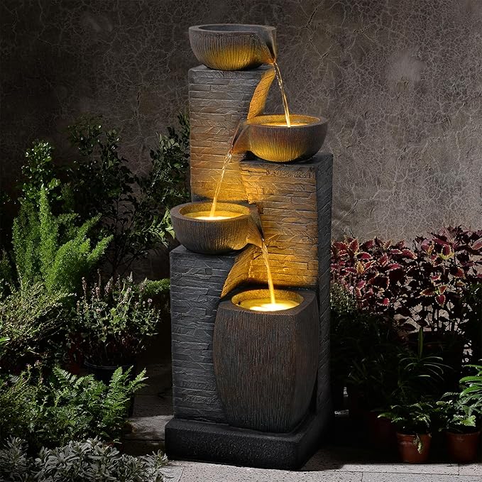 38.2" Tall Outdoor Water Fountain,Stone Texture Modern 4 Tiers Cascading Bowls Garden Fountains Outdoor,Suit for Patio, Deck, Porch, Lawns, Backyard and Home Art Decor