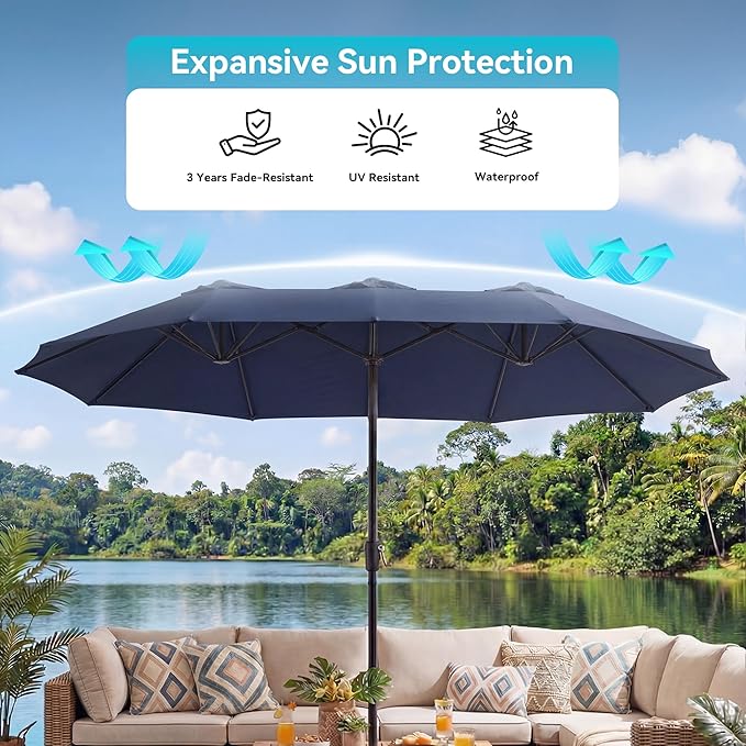 COSIEST 13FT Patio Umbrella with Solar Lights, Outdoor Double-Sided Table Umbrella,Large Rectangular Market Umbrella w Crank Handle for Garden, Pool, Deck Shade, Navy Blue