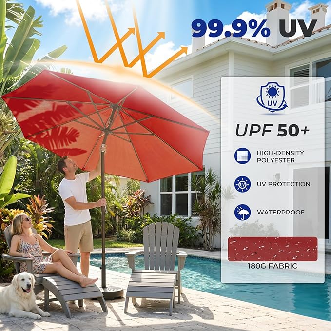 BRIOPAWS 9FT Patio Umbrella with Base Included | Outdoor Table Umbrellas | Push Button Tilt & Crank | 8 Sturdy Fiberglass Ribs | Waterproof | Heavy Duty for Garden Lawn DeckBackyard & Pool
