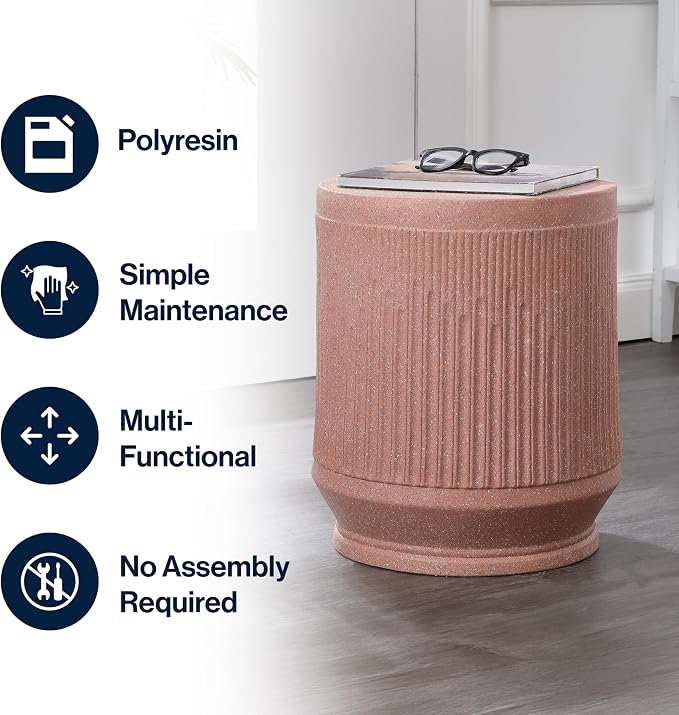 JONATHAN Y Kline Ribbed Resin Modern Outdoor Accent Table, 17.5" H All-Weather Pink Terrazzo Patio Drum Side Table and Garden Stool for Pool, Porch, and Living Room TBL1103B