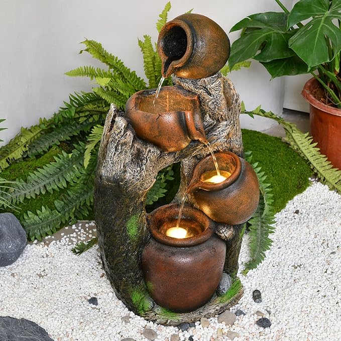 30" Outdoor Garden Water Fountain with Lights 4 Tiers Cascading Large Waterfall Floor Standing Fountain for Patio, Backyard, Deck, Porch and Home Art Decor