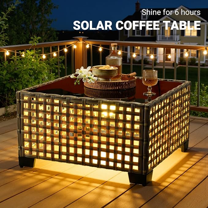 5 Pcs Patio Outdoor Furniture Set - All Weather Wicker Outdoor Sectional Sofa Couch with Coffee Table and Ottoman,Patio Modular Rattan Conversation Set for Garden Deck Yard,Denim Blue