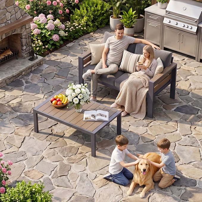 DoCred Aluminum Loveseat Sofa with Coffee Table for Patio Furniture Set | Patio Conversation Set Outdoor Sofa Set for Porch, Balcony, Deck, Yard, Poolside
