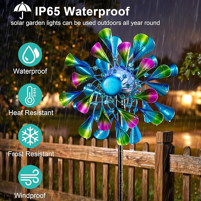 Solar Wind Spinner Outdoor Metal - Peacock Kinetic Garden Sculptures with Color-Changing LED Lights, Waterproof Wind Catchers Yard Art Decor for Patio Lawn, for Women (Green)