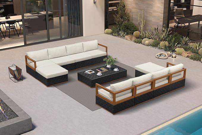 PURPLE LEAF Patio Outdoor Furniture Set 12 Pieces, Premium Leather Outdoor Couch Sectional Sofa, Modular Patio Couch with Olefin Cushions, Patio Conversation Sets for Porch, Garden, Balcony, Black