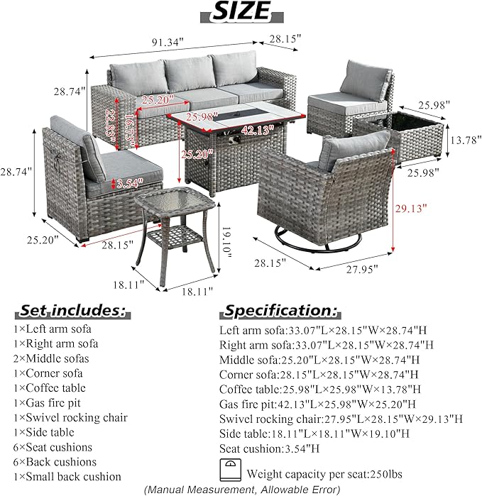 HOOOWOOO Outdoor Patio Sectional Furniture Sofa Set with Large Fire Pit Table,9 Piece Modern Wicker Couch with Swivel Chair,Modular Conversation Seating Set with Widened Armrest(Dark Grey)