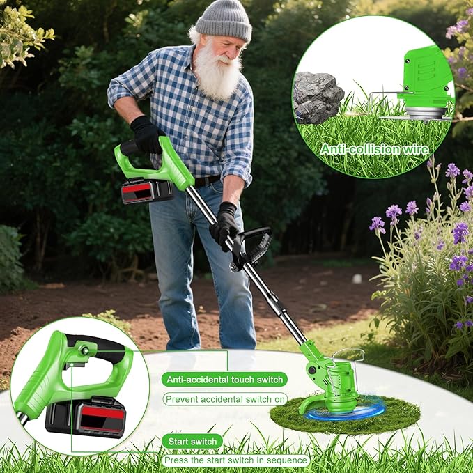 Electric Weed Wacker String Weed Eater Cordless Grass Trimmer 21V Battery Powered String Trimmer with 2x2.0ah Battery and Charger Brush Cutter/Edger/Mower with 3 Types Blade for Garden Lawn(Green)