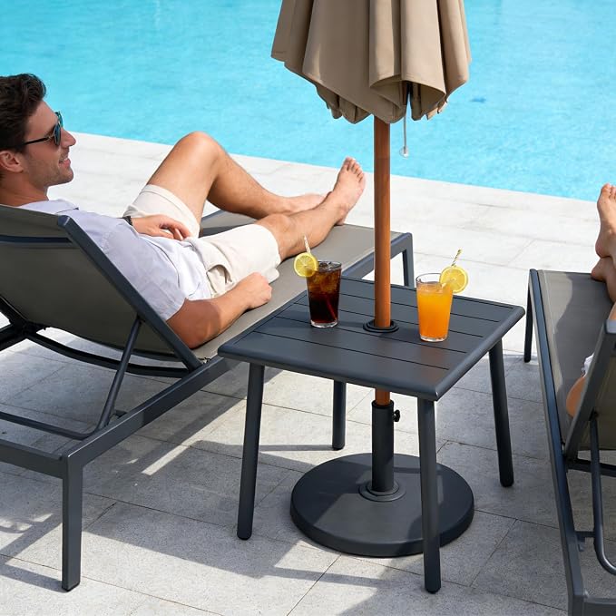 Small Metal Outdoor Side Table with Umbrella Hole, Sqaure Patio Coffee Bistro Table End Table, Umbrella Table with Hole for Poolside Backyard Porch Deck Balcony,19.7x19.7 inches, Black