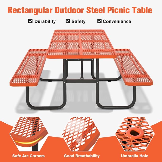 72'' Rectangular Steel Picnic Table for Outdoors,Commercial Metal Picnic Table with Umbrella Hole,Heavy Duty Sturdy Picnic Tables Furniture Set for Patio Garden Courtyard BBQ,Orange