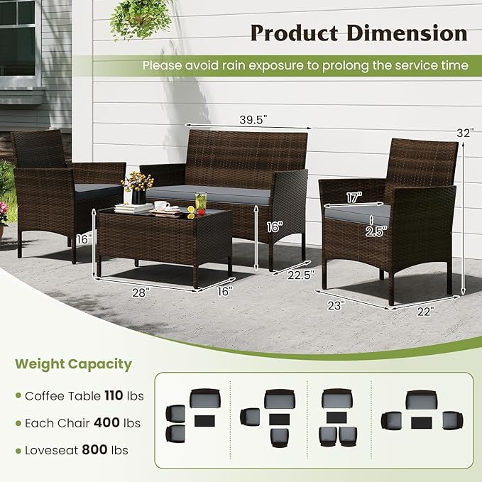 S AFSTAR 4 Pieces Patio Rattan Conversation Set, Patio PE Outdoor Set w/Tempered Glass Coffee Table, Loveseat & Chairs, Zippered Gray Cushions, Wicker Patio Sofa Set for Backyard, Garden & Poolside