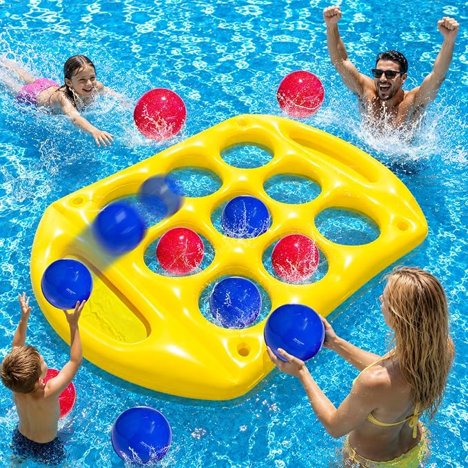 Pool Toys Games Set, Tic-Tac-Toe Inflatable Pool Toy with 10 Balls, Giant Inflatable Floating Board Pool Party Beach Lawn Game Water Ball Toys for Kids Adults (Yellow)