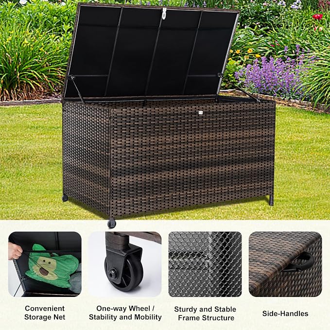 Outdoor Storage Box, 120 Gallon Waterproof Resin Wicker Deck Box for Patio Garden Furniture, Outdoor Cushion Storage, Padlock Included