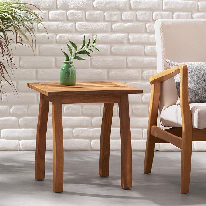 Acacia Wood Outdoor Side Table, Weather Resistant Slatted Design Patio Coffee End Table, Decorative Decorated Accent Table for Balcony Beach Poolside, Natural Stained (Teak + Acacia Wood)