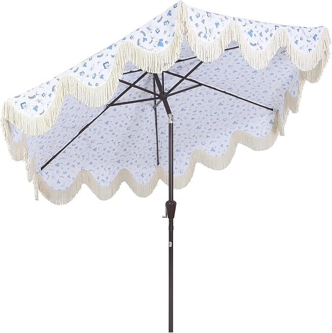 JONATHAN Y UMB1001 Collins 9 ft. Classic Cottage Tassel Market Patio Umbrella with Auto-Tilt, Crank, Wind Vent and UV Protection