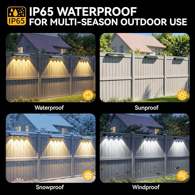 11.81inch Solar Fence Lights Outdoor Waterproof, 3-Mode (3000K/4000K/6000K),4 LED with Upgraded High-Efficiency Solar Panel & Wide Beam for Backyard/Patio/Deck/Step/Home Improvement(4 Pack)