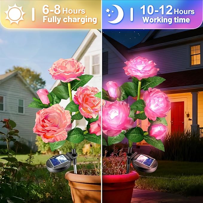 Anordsem Solar Garden Lights Outdoor: 20 Artificial Fabric Pink Roses Flowers 4 Pack- LED Flower Decorations for Cemetery Grave Pathway Yard- Valentine's Day Gifts for Women, Wife and Mother