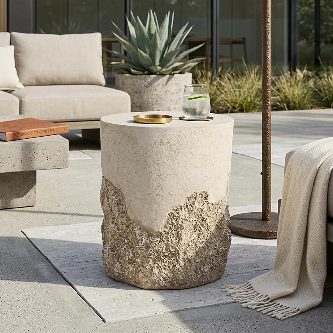 LUMISOL Agnes Outdoor Patio Rugged Coral-Texture Round MGO Side Table, Beige Finish, Organic Neutral Tone Accent for Bohemian & Coastal Homes