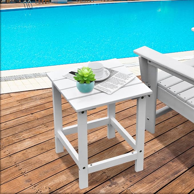 Giantex Outdoor Side Table Set of 2, Poolside Bistro Table with Slatted Design, Weather-Resistant, Sturdy Construction, 15” Square Small Patio Coffee Table for Living Room, Balcony (2, White)