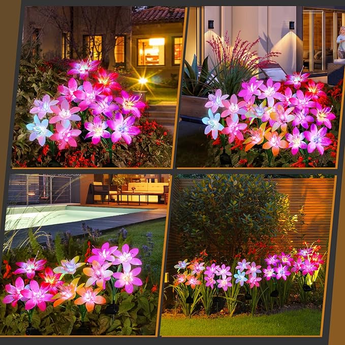 Aukora Solar Garden Lights Outdoor 5 Pack, 5 Colors Lily Flowers & 7-Color Changing Solar Lights for Outside, Waterproof for Garden Patio Yard Decor