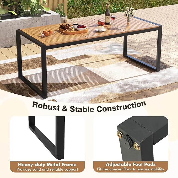 RELAX4LIFE Patio Outdoor Dining Table for 8, 79’’ x 35.5’’ Acacia Wood Rectangular Table w/2’’ Umbrella Hole, Slatted Top & Metal Legs, Indoor Outdoor Picnic Bistro Table, 8-Person Patio Dining Table