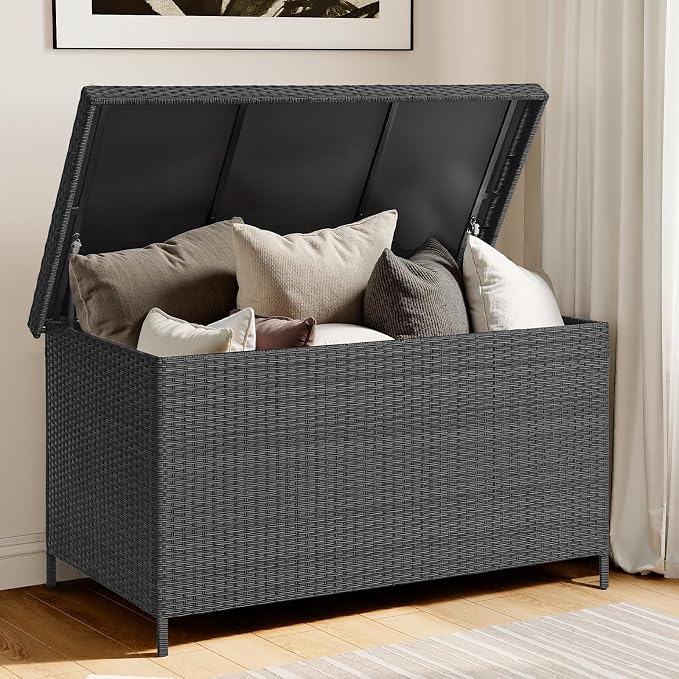 ONBRILL 158 Gallon XL Deck Box with Lid, All Weather Wicker Outdoor Storage Box Waterproof, Large Outdoor Patio Storage Bin for Cushions, Garden Tools, Gears, Black
