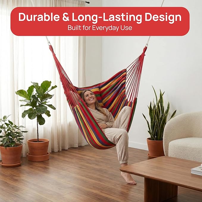 Gardenised Multicolor Striped Fabric Hanging Hammock Chair with Two Matching Cushions Hanging Ropes & Storage Bag Suitable for Patios Balconies Porches and Compatible Indoor Overhead Supports