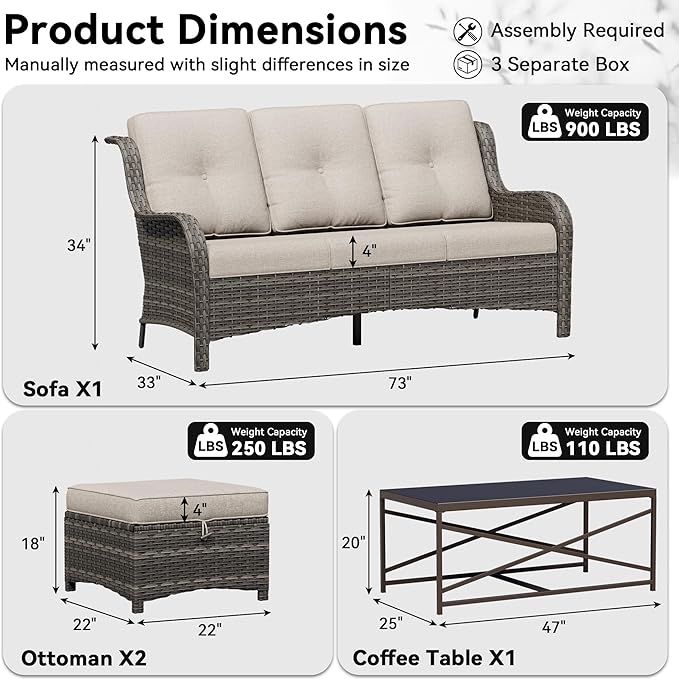 4-Piece Outdoor Couch Set, Includes Wicker Patio Sofa with Thickened Olefin Cushions, High Back and Deep Seating, Hand-Woven PE Rattan and 2 Ottomans, 1 Coffee Table for Porch, Deck