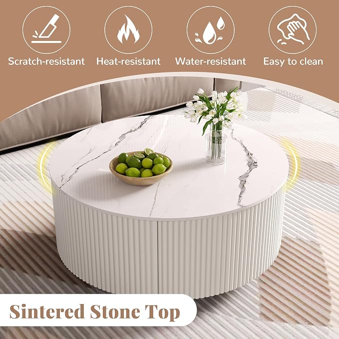 29.5'' Round Marble Coffee Table for Living Room Storage Coffee Table with 2 Drawers Modern Circle Center Tables Sintered Stone Accent Tea Tables for Apartment White