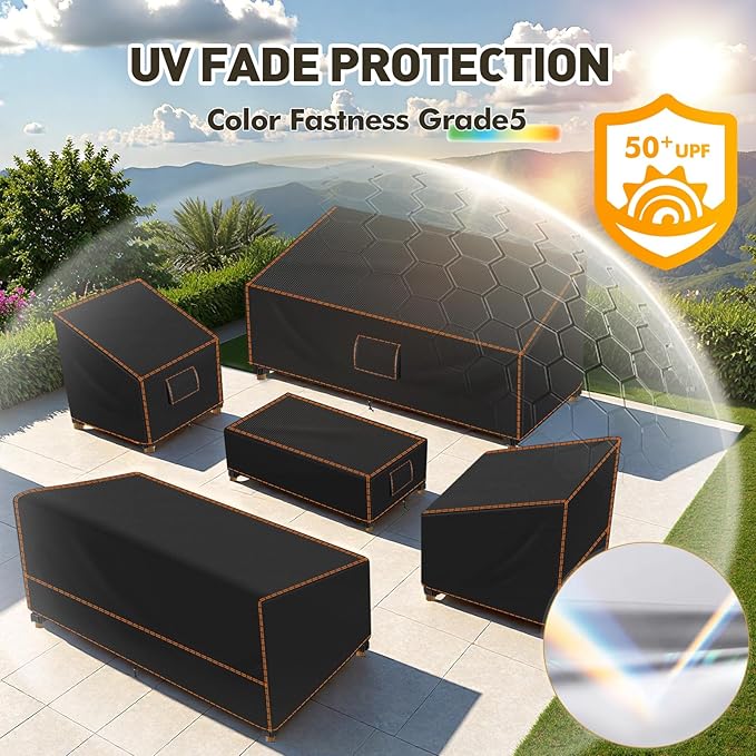 SUNICO Patio Furniture Set Covers, 5 Piece Patio Covers for Outdoor Furniture Waterproof, 420D Outdoor Furniture Cover, UV Fade Protection, Tear-Resistant, Black